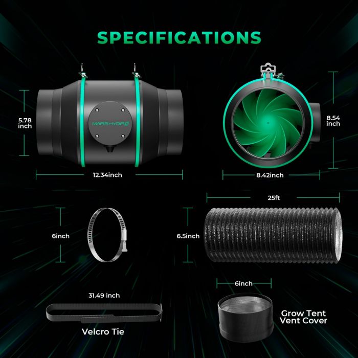 Mars Hydro iFresh 6-Zoll Smart Inline-Ventilator & Nachfüllbarer Aktivkohlefilter – Belüftungsset für Grow-Zelte