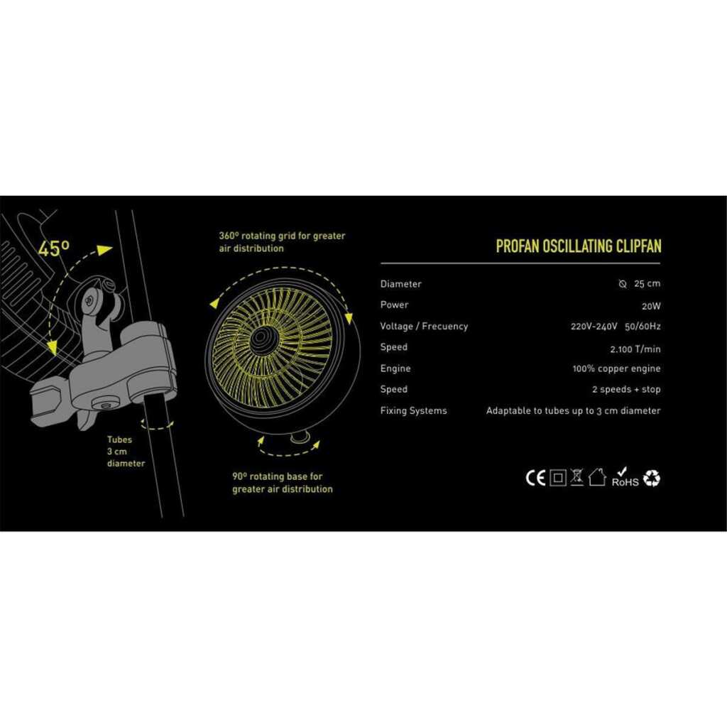 Oszillierender Ventilator | 20 Watt | Standfuß mit Clip und Stangenclip | Garden Highpro - Grow-Zen