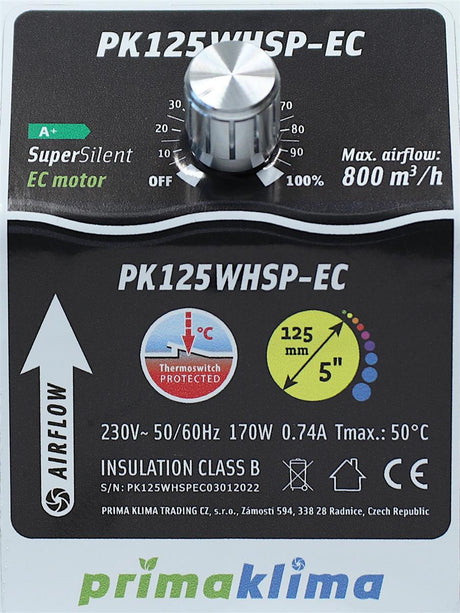 Prima Klima PK125WHSP-EC 800m³h, Ø125mm 0-100% - Grow-Zen