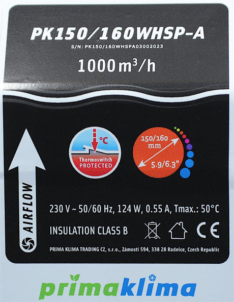 Prima Klima PK150/160WHSP-A 1000m³/h Ø150/160mm - Grow-Zen